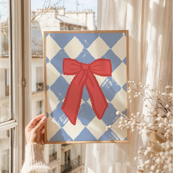 Checkered Bow Cute 4th Of July Red White Blue Whimsical Patriotic Art Print, Unframed Paper Poster 8x10in