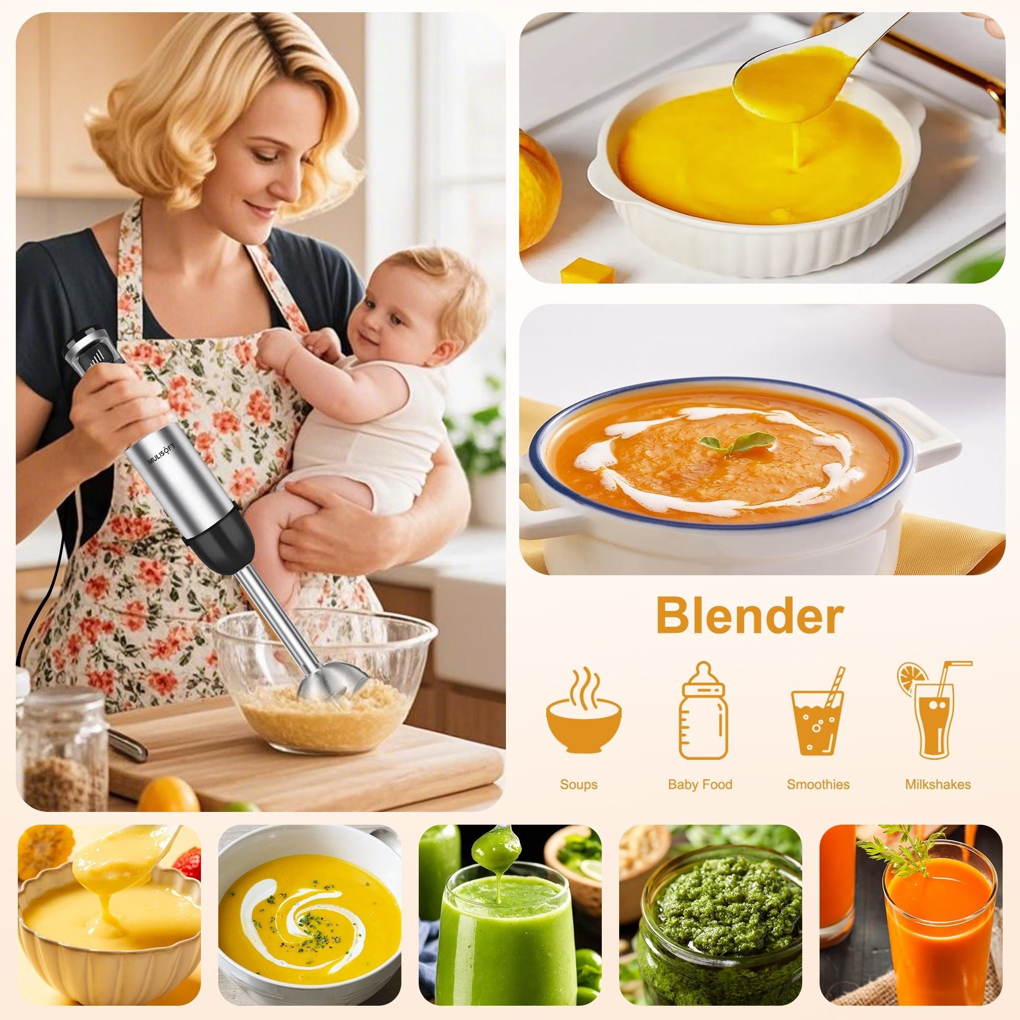 MULISOFT Immersion Blender Handheld, 5-in-1 Set with Chopper