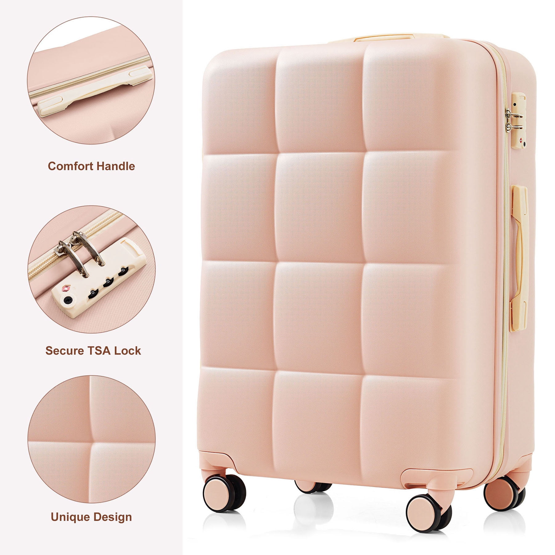 CQSXDA ABS Travel Luggage Set of 3 Airline Certified Carry-on Luggage with Cup Holder Durable ABS Hard Shell Luggage with Smooth Spinner Wheels  Pink