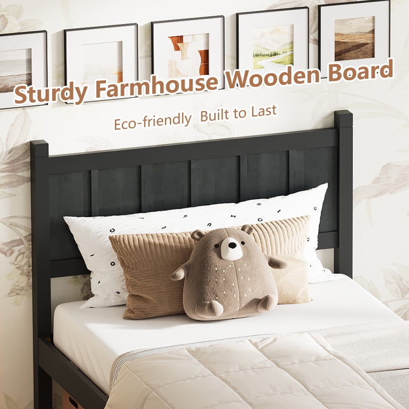 Twin Size Farmhouse Platform Bed with Flat Panel Designed Headboard & Footboard, Minimalist Wood Bed Frame with Under-Bed Storage