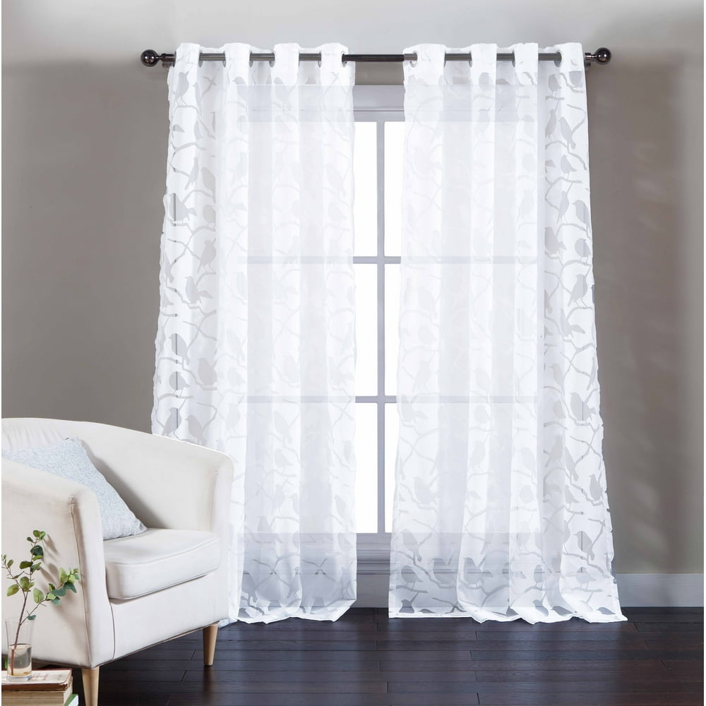 Single (1) Pure White Cotton Blend Sheer Window Curtain Panel Burnout Bird and Branch Design
