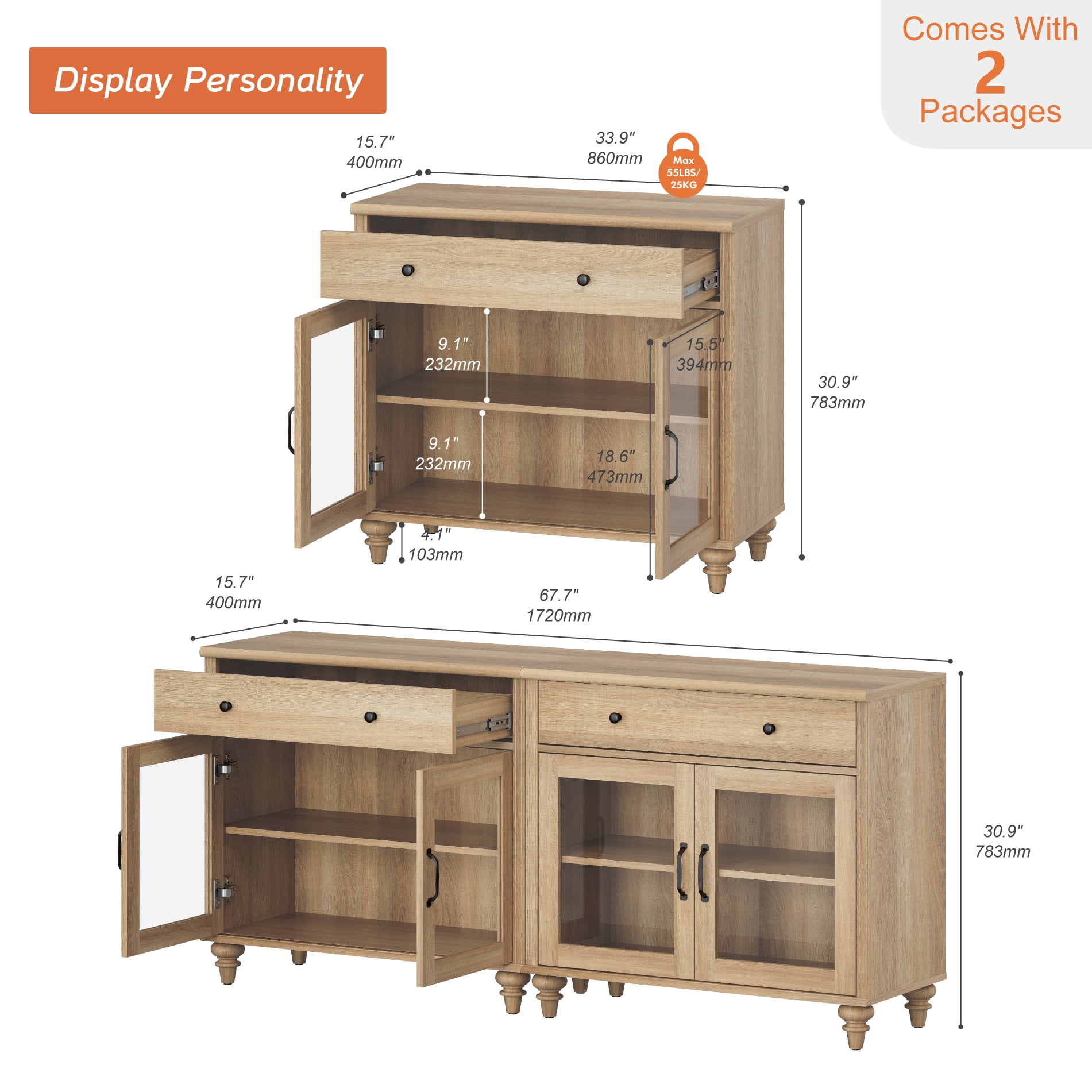 68" Oak Glass Door Buffet Cabinet with Drawer, Farmhouse Sideboard with Storage