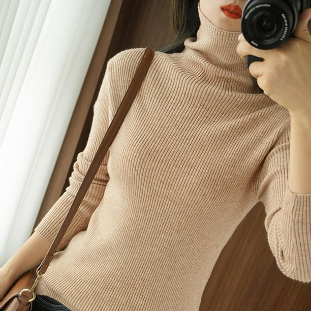 Suéter informal grueso invierno, suéter de cuello alto de gran tamaño, suéter para mujer, suéteres básicos de punto sueltos cálidos para Marrón m Yinane Suéter de punto mujer