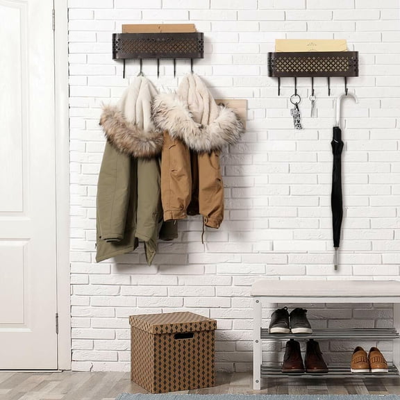 Set of 2 Wall Mount Rack Entryway Mail Sorter Key Holder with 5 Hooks Home Decor