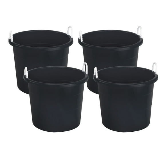 Homz Plastic 17 Gallon Utility Storage Bucket Tub w/ Rope Handle, Black, 4 Pack