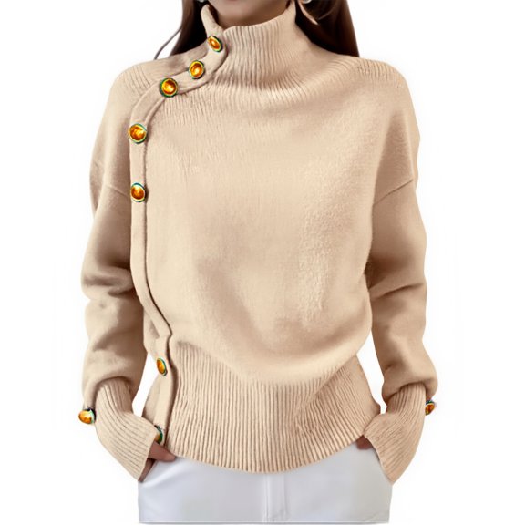 Women's Loose Comfortable Casual Fashion Knit Sweater With Buttons And High Neck