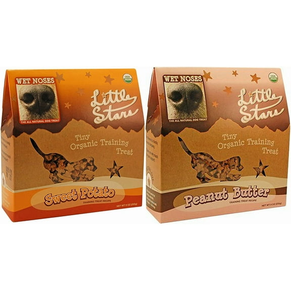 Wet Noses Little Stars Tiny Organic Dog Training Treats in 2 Flavors: (1) Peanut Butter and (1) Sweet Potato (2 Boxes Total, 9 Ounces Each)