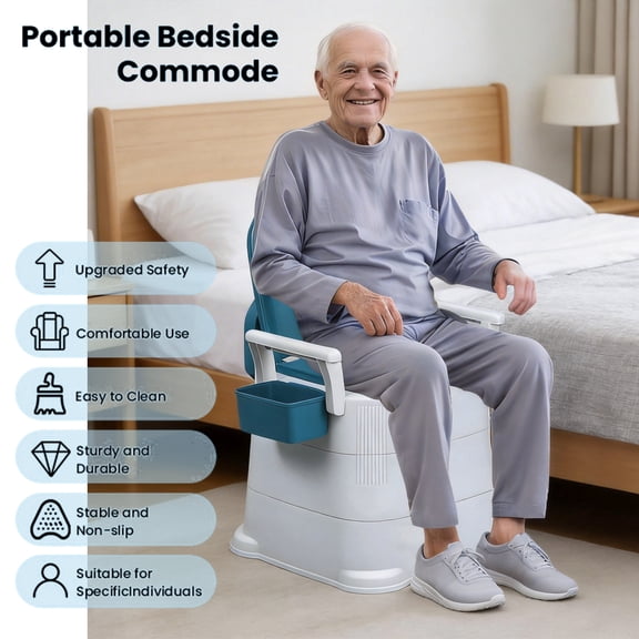 Tereitr Bedside Commode, Portable Toilet for Adults with Detachable Armrests, 330 LBS Capacity, 17.3" Seat Height, Removable Bucket & Tissue Holder, Potty Chair for Elderly