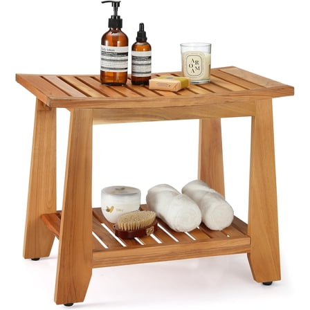 TEAKAURA Teak Shower Bench Stool, 21'' Waterproof Wood Spa Bath Bench with Storage Shelf, Non-slip Solid Teak Shower Seat Chair for Small Bathrooms Inside Shower and Outdoor Use