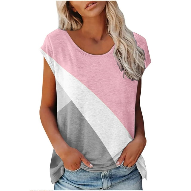 EQWLJWE Hauts d'Été pour Femmes Hauts pour Femmes Liquidation Femmes Décontracté Imprimé Manches Courtes Col Rond Blouse T-shirt