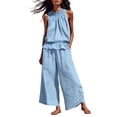 thumbnail image 2 of Women's Tank Top and Pants Set, Smocked Neck Ruffle Hem Top and Elastic Waist Palazzo Pants, Lightweight Beach Vacation Set with Pockets, Sky Blue M, 2 of 6