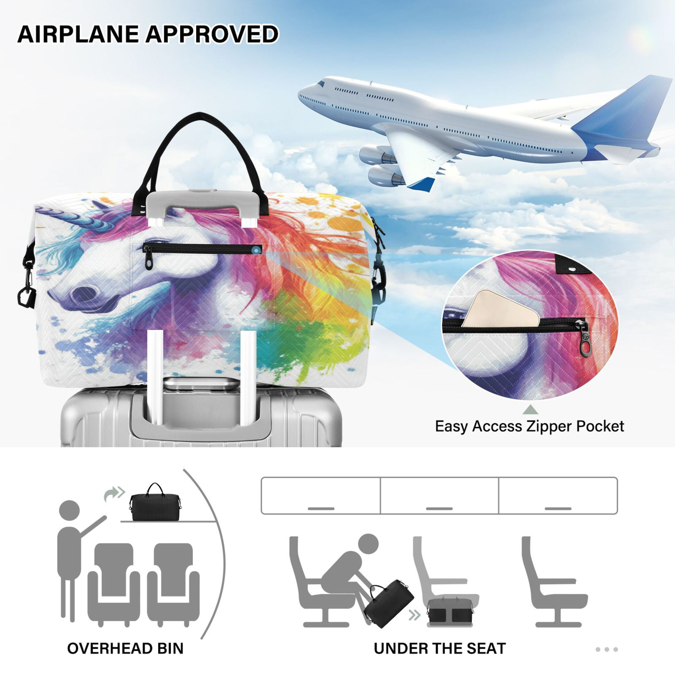 Travel Duffel Luggage Bag Sports Duffle Bag Gym Bag with Zipper Rainbow-colored Unicorn