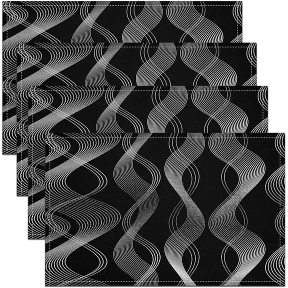 Silver Black Placemats Set of 4 Silver Stripes Placemat for Kitchen Dining Table 18"x12" Kids Retro Stripe Line Table Place Mats Geometric Spiral Indoor Outdoor Decor Table Mats