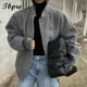 thumbnail image 4 of Chaquetas de bombardero sólidas para mujer, abrigo suelto con botón, Tops de manga larga, chaqueta informal con bolsillo, gris, Primavera, Ins, 4 of 4