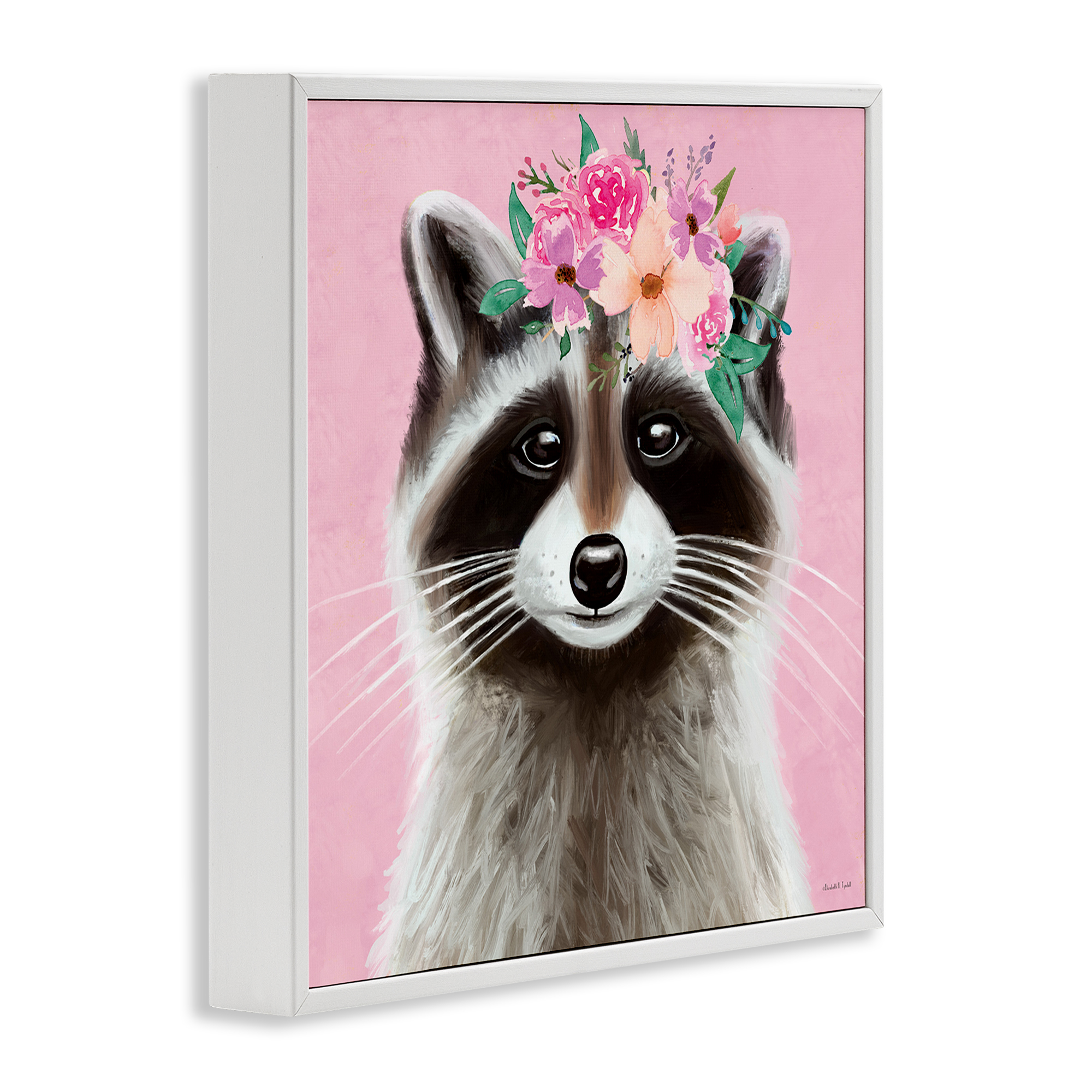 Stupell Industries Pink Florals Raccoon Animals & Insects Painting White Framed Art Print Wall Art, 12 x 12