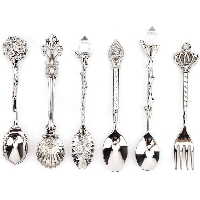Juego de 6 cucharas de café talladas vintage, cucharilla de aleación de zinc retro, vajilla para postre, café, cubiertos de cocina