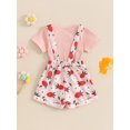 thumbnail image 6 of Aojekbee Toddler Girl Summer Outfit Solid Color Ribbed Short Sleeve Tops and Flower Print Suspender Shorts Overalls 2Pcs Clothes Set, 6 of 10