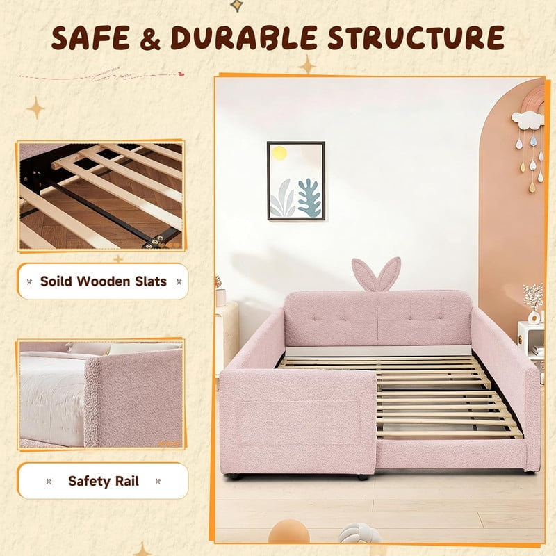 Full Size Upholstered Platform Bed with Rabbit Ear Shaped Headboard, Boucle Fabric Kids Bed with Side Pockets and Safety Guardrail, Space-Saving Corner Bed for Girls, Boys, Teenager