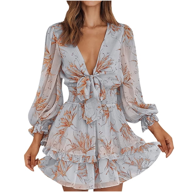 Vestidos estampados de encaje con volantes de manga larga con cuello en V sexy de otoño e invierno para mujer Fridja yut5466