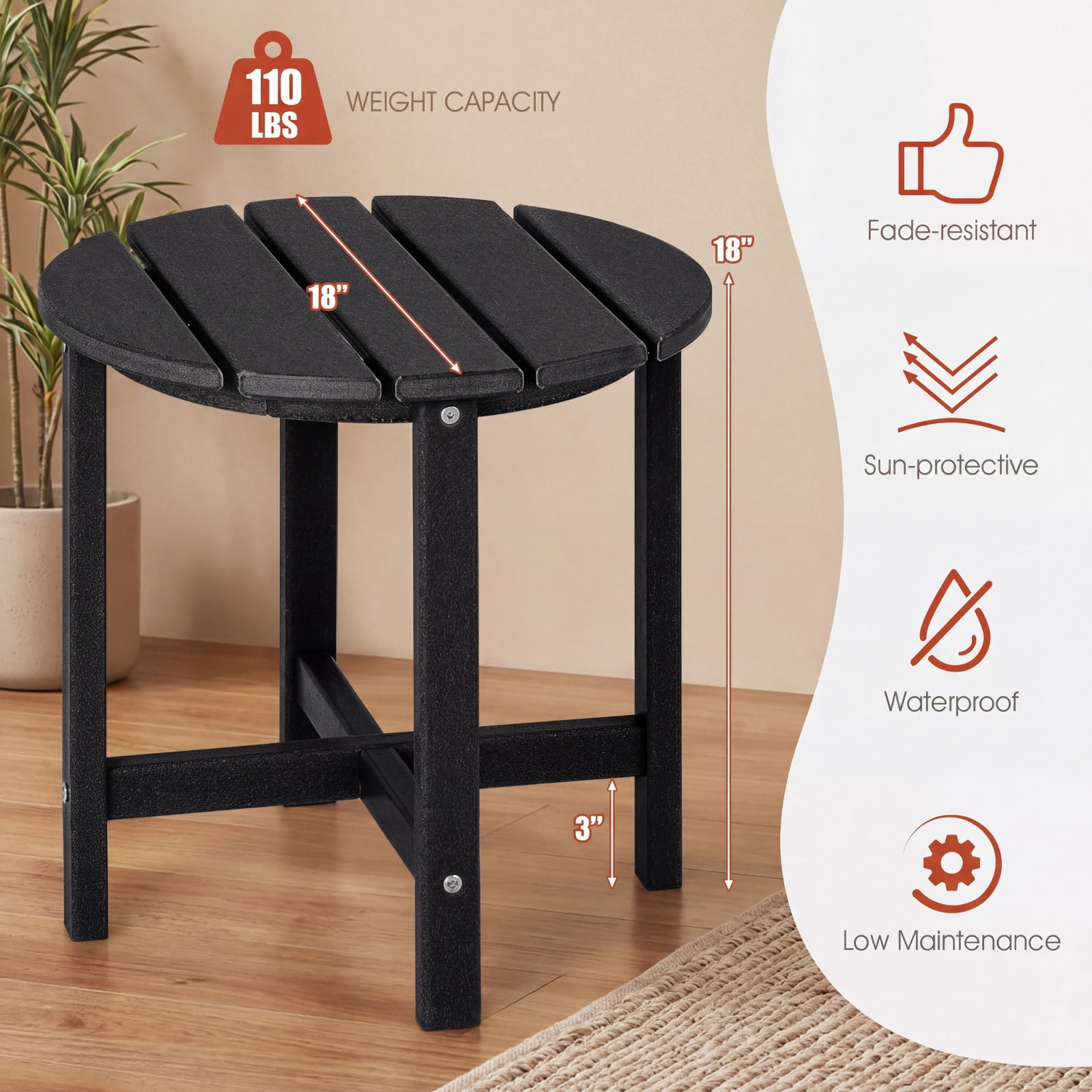 Furnibear Set of 2 18 Inch Round Weather Resistant Adirondack Side Tables with Slatted Top and HDPE Build for Patio Poolside and Garden, Black
