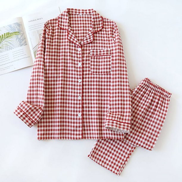2024 Spring/Summer Couple Pajama Set 100% Cotton Double Layer Gauze Men's and Women's Japanese Plaid Set Long sleeved Home Fury
