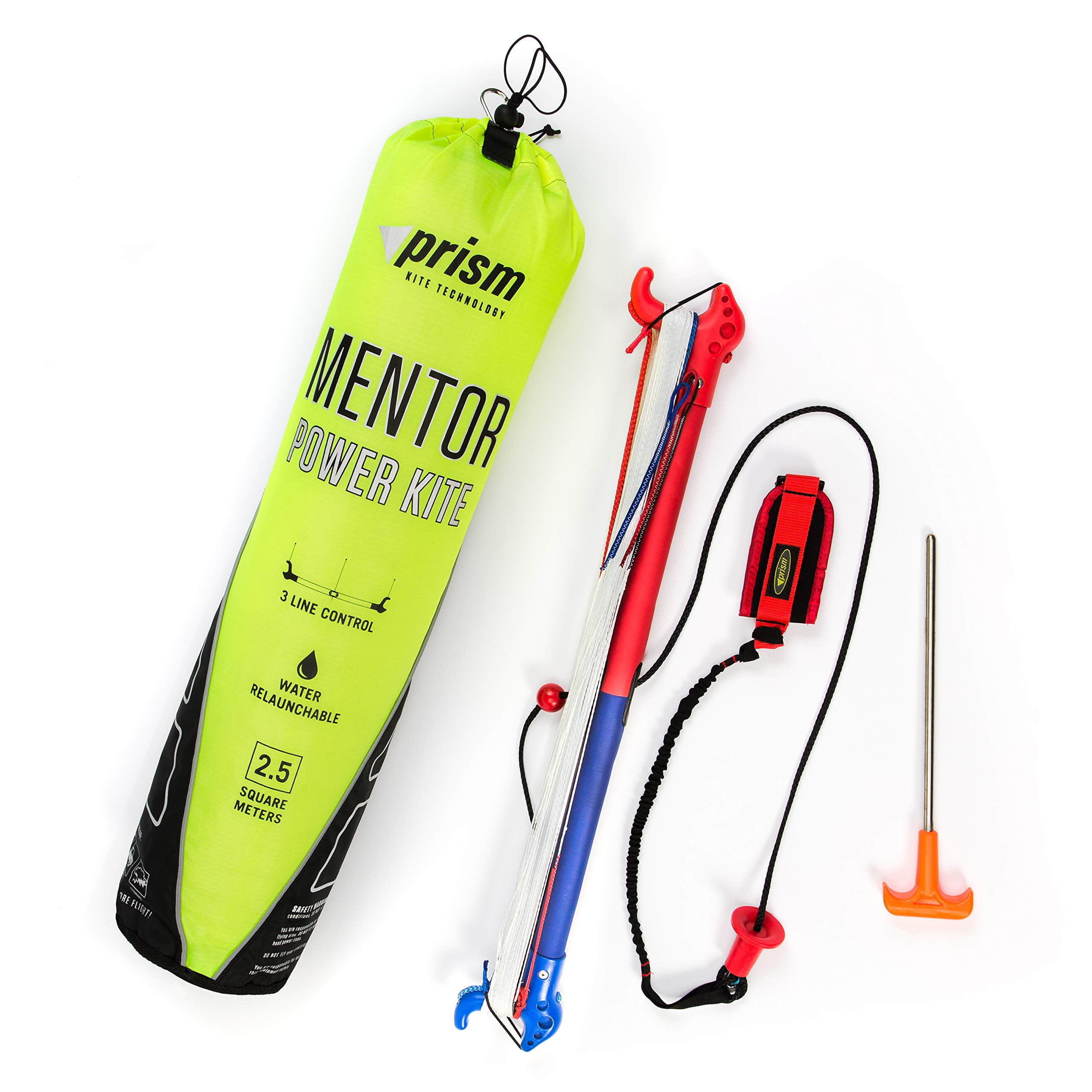 Prism Mentor 2.5m Water-relaunchable Three-line Power Kite Ready to Fly with Control bar, Ground Stake and Quick Release Safety Leash