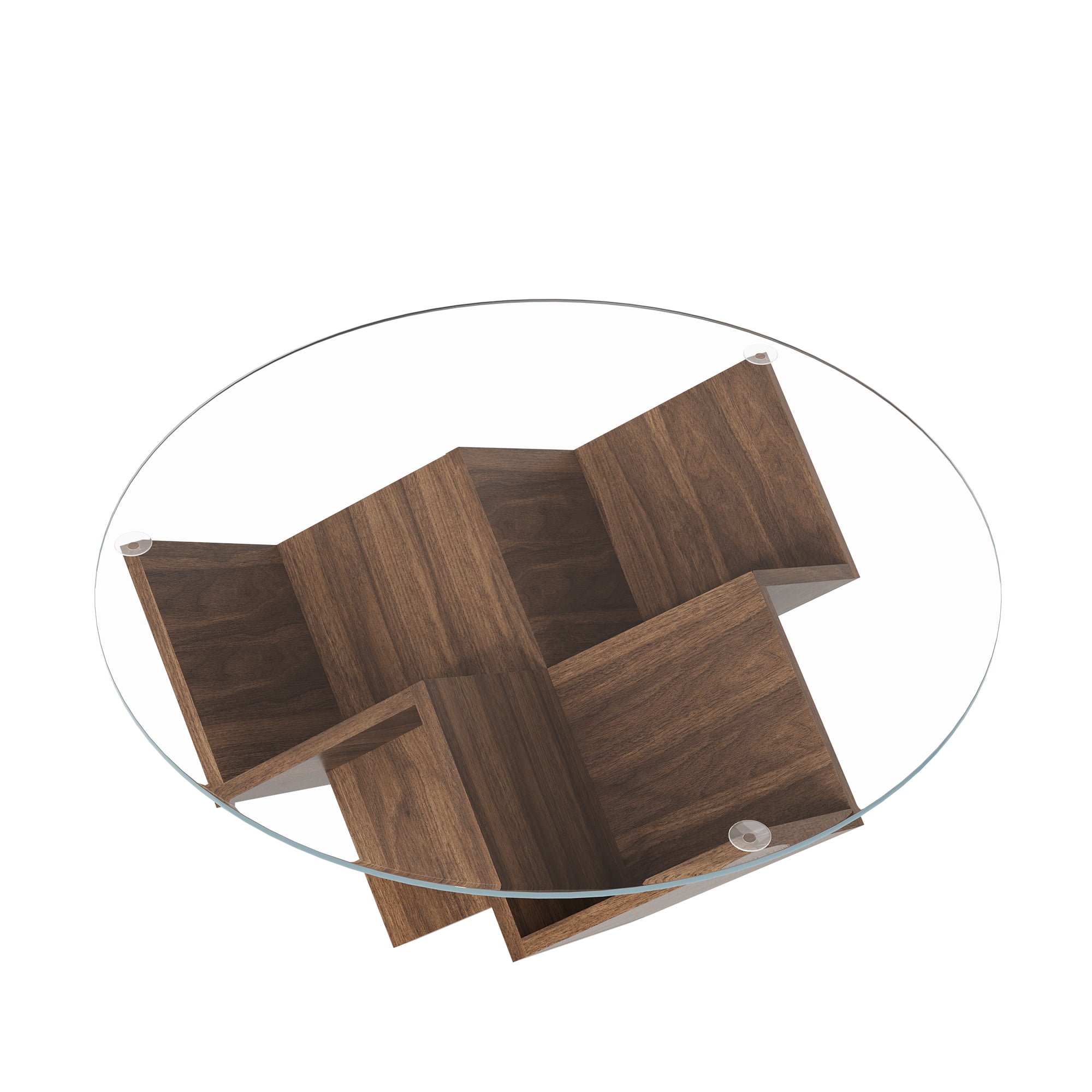 35.4-Inch Round Coffee Table with Tempered Glass Top and Geometric Art Deco Base, Storage Shelf Table and Center Table for Living Room, Walnut