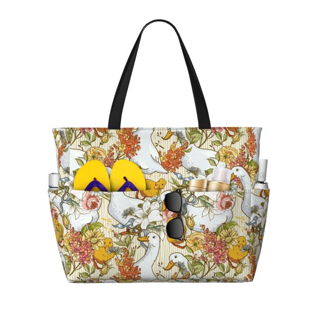 Disketp Ducks and Flowers Bolsa de Playa de Gran Capacidad, Bolso Impermeable y a Prueba de Arena para Mujer, Ideal para Playa, Piscina y Natación