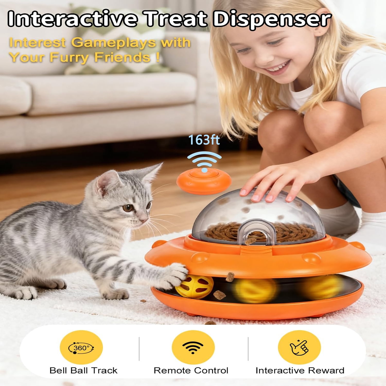 URRU Interactive Cat Toys-Automatic Treat Dispenser Toys with Remote Control for Treat Dispensing,Puzzle Toys for Cats & Dogs,Pets IQ Training Gift, Rechargeable Ball Track Toy Slow Feeder