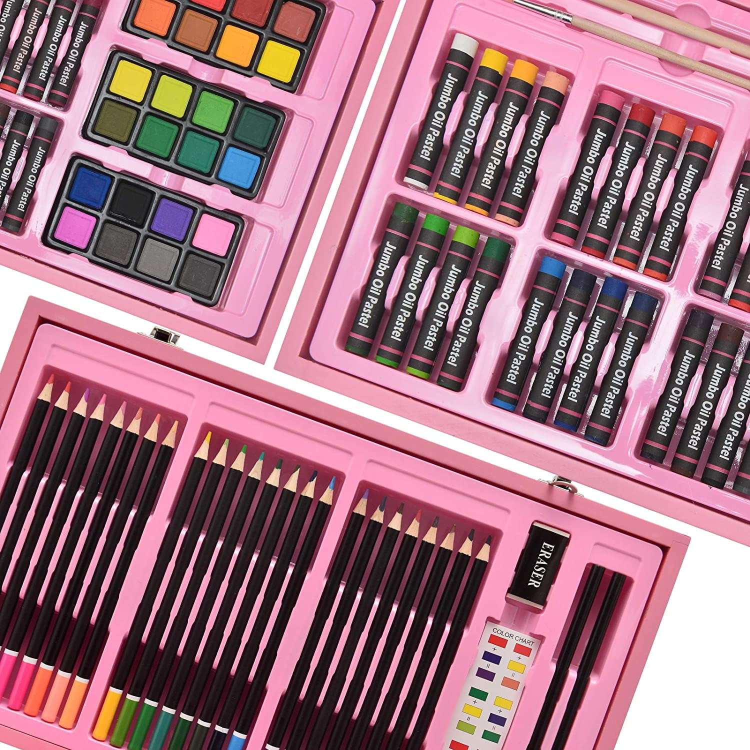 Bibana 145 Piece Deluxe Art Set, Wooden Art Box & Drawing Kit with Crayons, Oil Pastels, Colored Pencils, Watercolor Cakes, Sketch Pencils, Paint Brush, Sharpener, Eraser, Color Chart