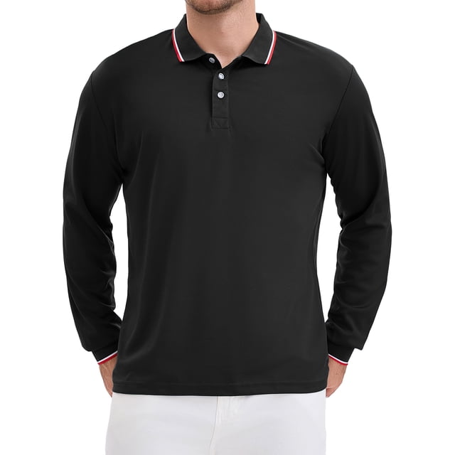 Camisa polo de golf de negocios de manga larga de color sólido para hombre, ajuste regular, negra