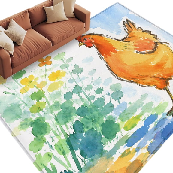 Watercolor Rooster Area Rug 5x8 Washable Rug Non Slip Farmhouse Colorful Flowers Herbs Large Area Rug Soft Stainresistant Indoor Floor Carpet for Living Room Bedroom Home Office Dining Room Nursery
