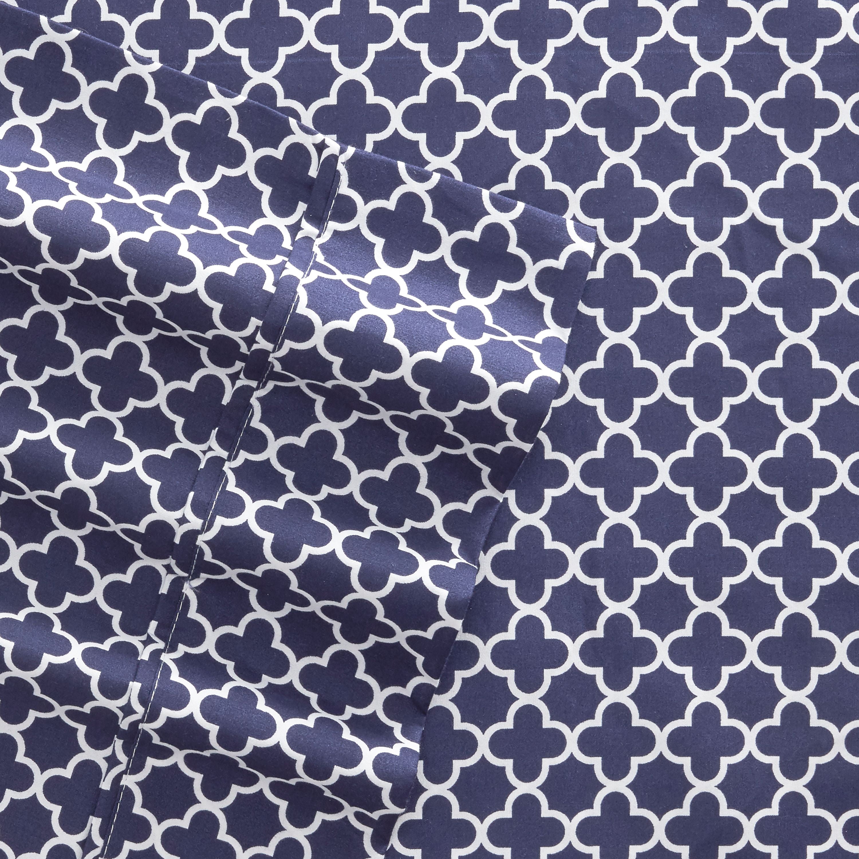 Noble Linens 4 Piece Pattern Microfiber Bed Sheets Set, Navy Quadrafoil, Full