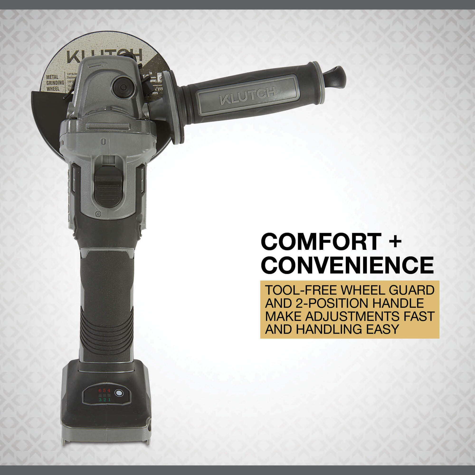 Klutch 4-1/2in. Metal Angle Grinder, KLiQ 20V, 8500 RPM, Brushless, Cordless, Bare Tool