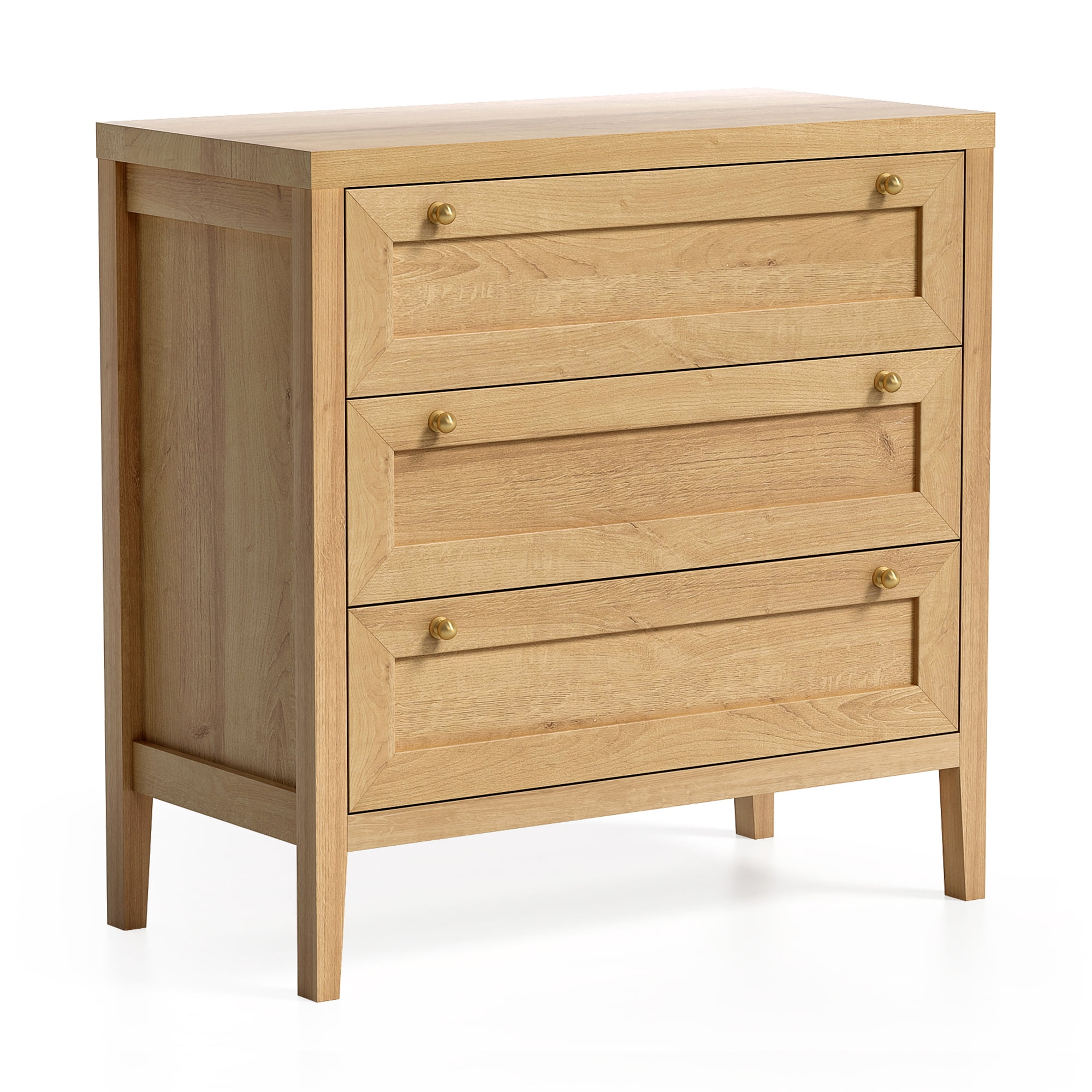 Joyyskill 3 Drawer Dresser, Modern Chest of Drawers Storage Cabinet with Golden Handles, Wood Nightstand End Table, Natural Oak