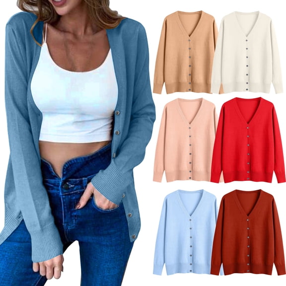 Dgankt Cropped Sweater Womens V-Neck Button Down Long Sleeve Crew Neck Soft Classic Basic Knit Cardigan Sweater(Available in Plus Size)