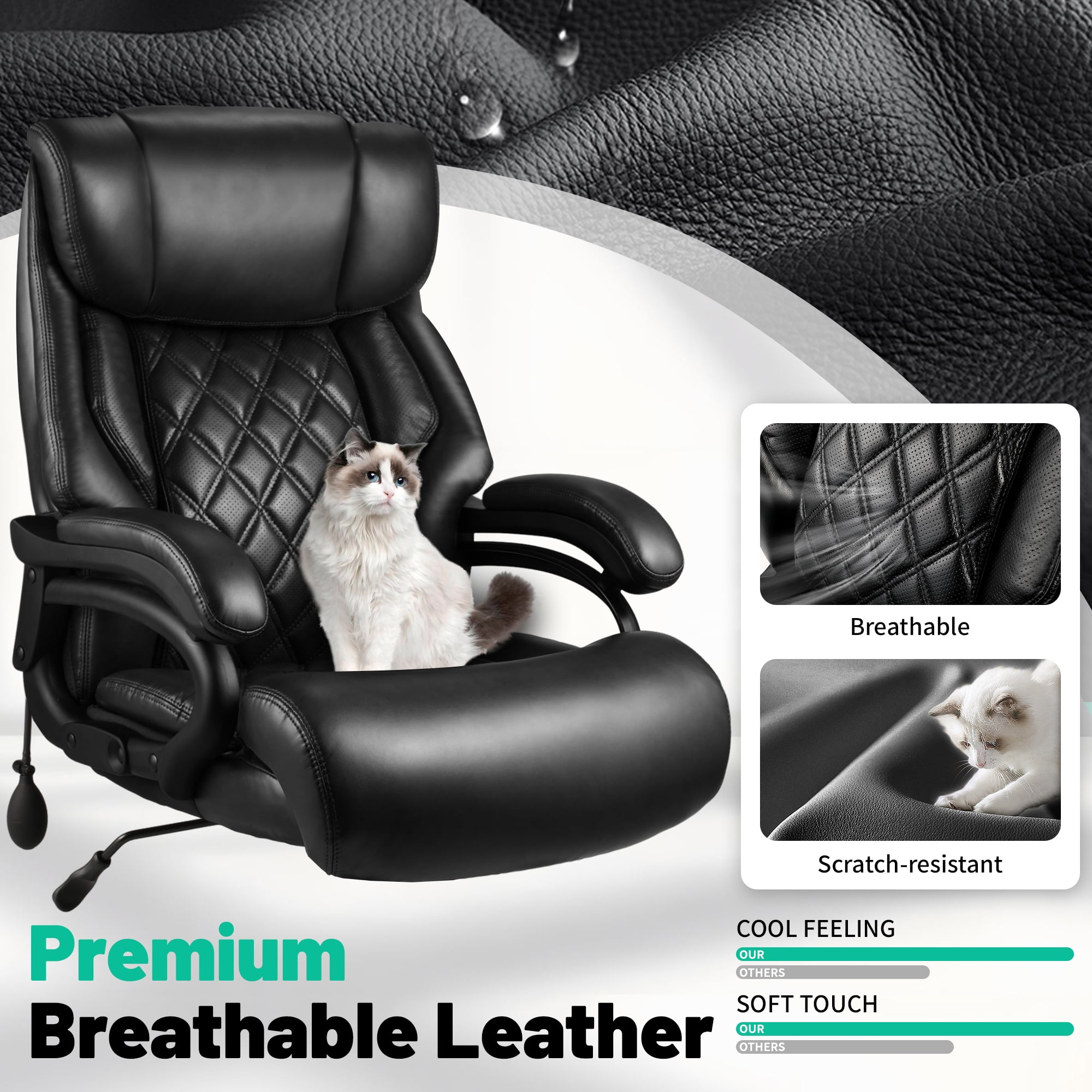 800lbs Executive Office Chairs, Big and Tall Desk Chair with Adjustable Lumbar Support, Leather Computer Chair with Quiet Rubber Wheel and Extra Wide seat