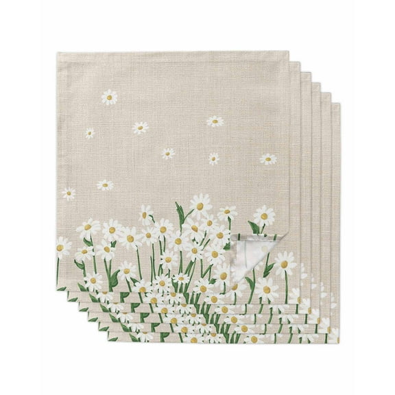 Spring Floral Cloth Napkins Washable Set of 6, White Daisy Farmhouse Linen Texture Reusable Dinner Table Napkins Cloth Bulk for Weddings Kitchen Restaurants Hotel Events Parties 20 x 20 Inch