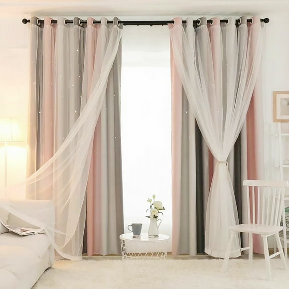 Braveheart Hollow Star Design Double Layer Window Curtain Gauze Light Transmitting Curtain Light Blocking Drape 1x2m Rod Type