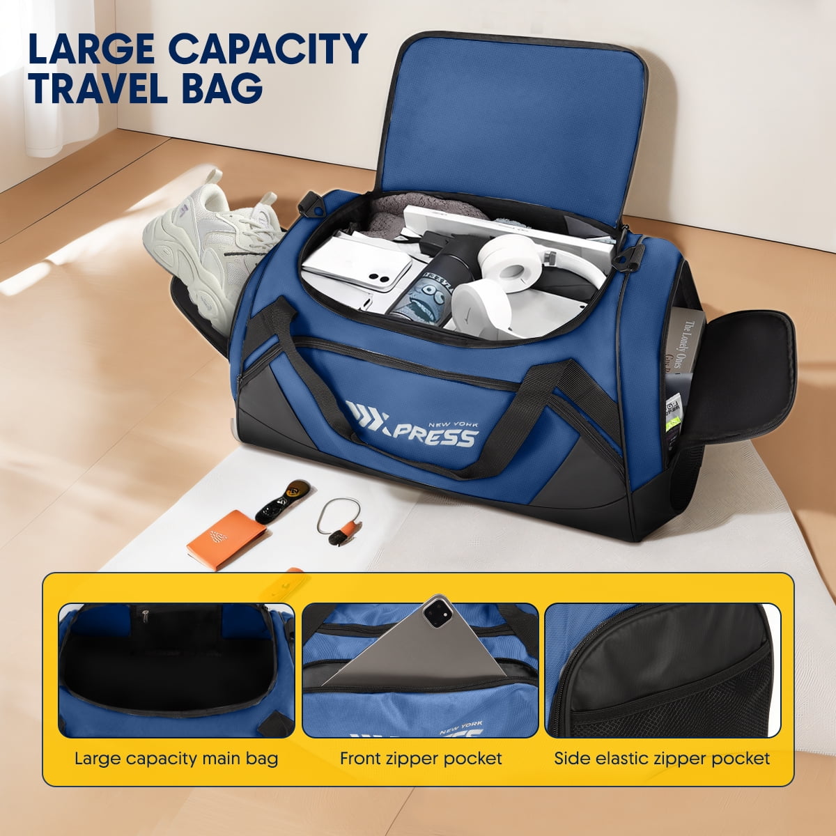 28" Travel Duffle Bag with Shoe Compartment, 75L Large Overnight Bag for Gym Sport Travel,Blue - LX238