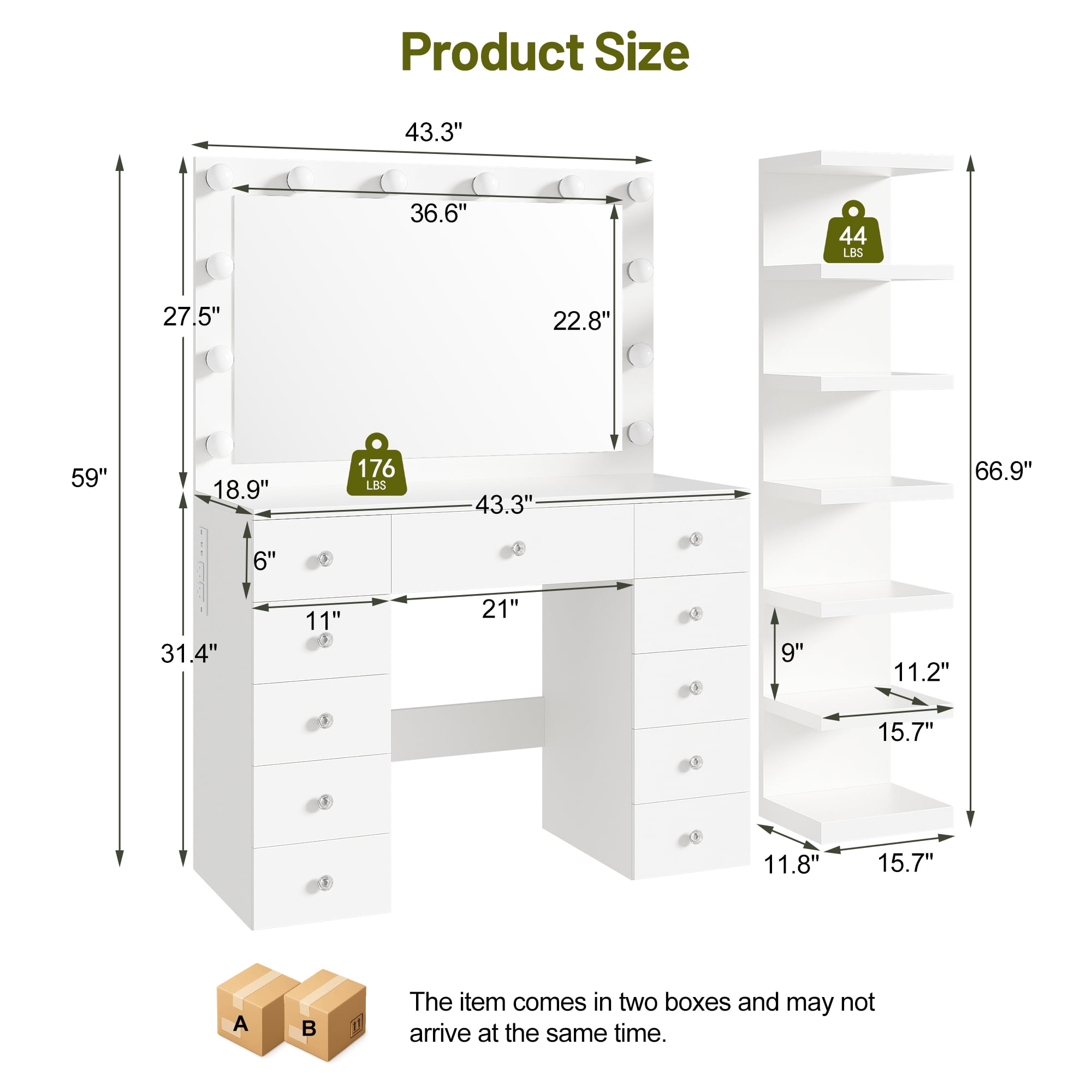 Mintazer 43.3" Vanity Desk with Hollywood Mirror & 7-Tier Shelf, Makeup Vanity Table with 11 Drawers & Charging Station, White