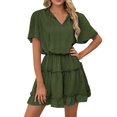 thumbnail image 2 of WTXUE Robes, Robe à Volants Manches Courtes Col en V, Femmes Printemps Été Volants Robe Décontractée Unie Ligne A Vestidos Mi-Longueur Femmes, Vert Taille S, 2 of 9