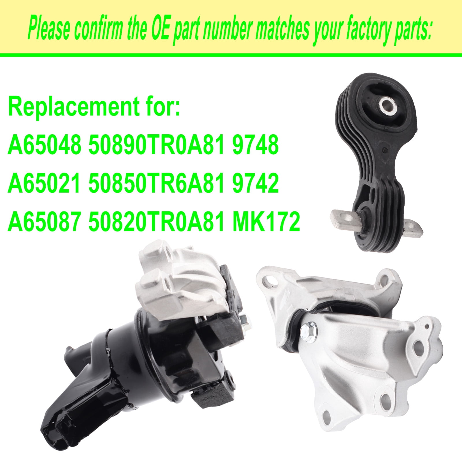 Engine Motor Mount Compatible with 2012-2015 Civic 1.8L Coupe/Sedan Replacement for A65048 A65021 A65087 50890TR0A81 50850TR6A81 50820TR0A81 Set of 3