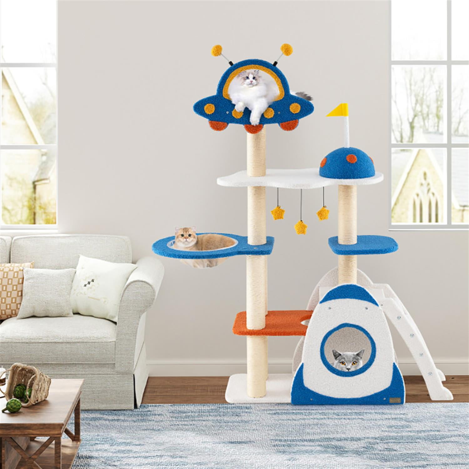 resenkos 64" Cat Tree with Toy, Cat Tower Condo for Indoor Cats with UFO Top Perch Space Capsule, Cozy Hammock and Sisal Scratching Posts, Blue