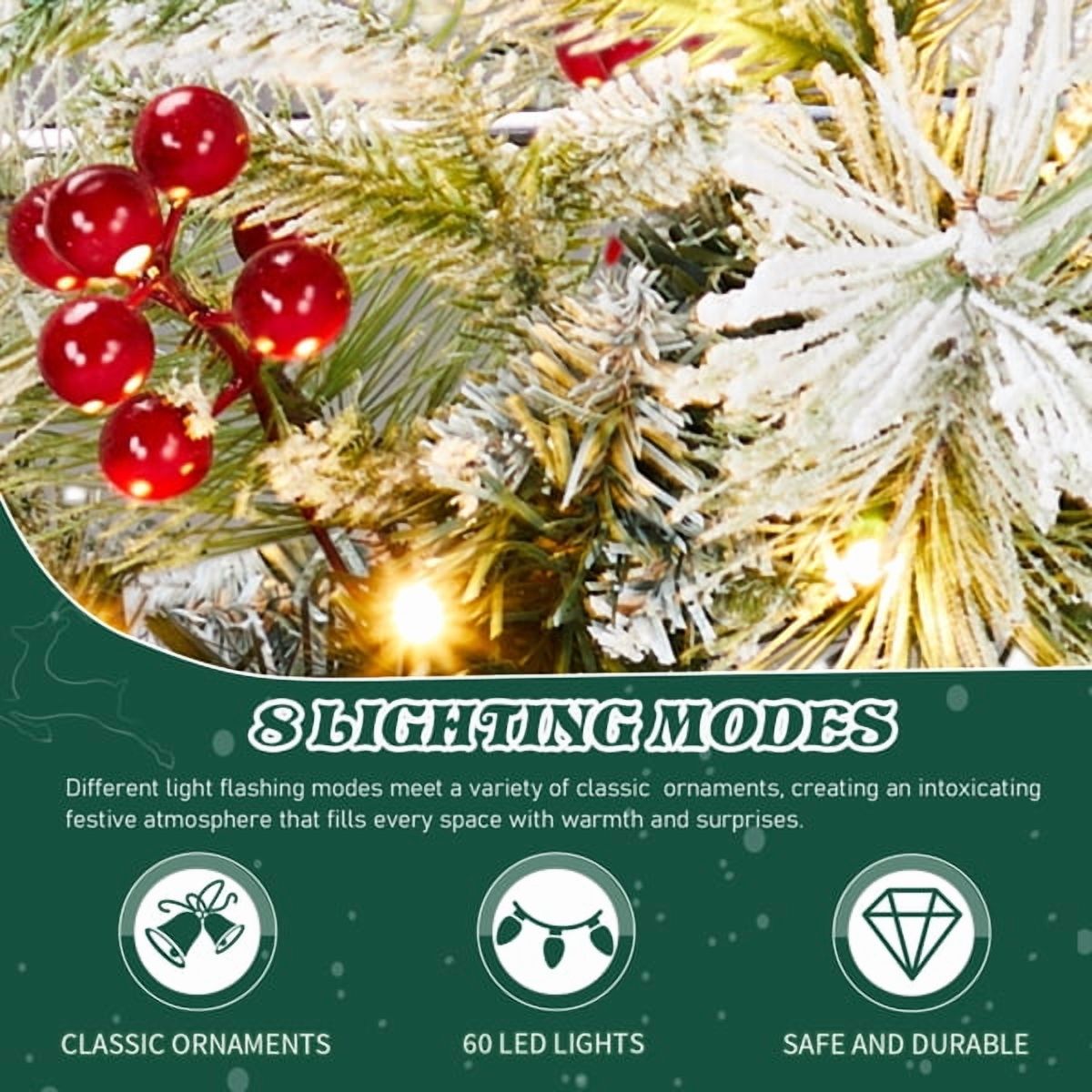 Alvantor 2-Pack 18 in Pre-Lit Snow-Flocked Christmas Wreaths with 60 Warm White LED Lights, 140 Tips, Red Berries and Pine Cones