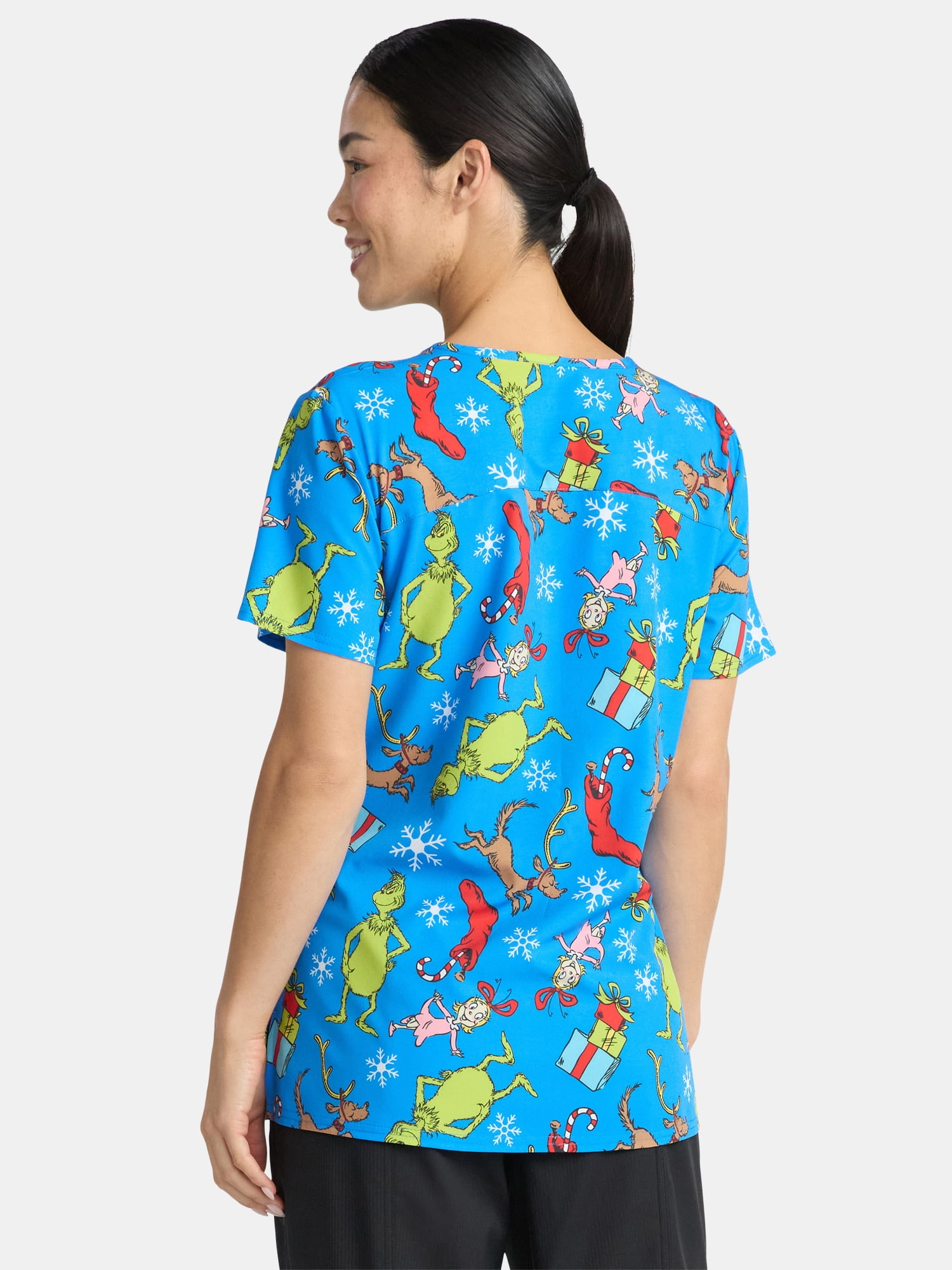 Dr. Seuss Women's Holiday Scrub Top with Short Sleeves, Sizes S-3XL