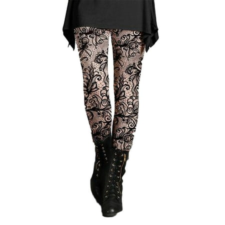 

Ziloco Women Winter Hight Elastic Waist Floral Lace Printed Vintage Skinny Long Pants Leggings Trousers pajama pants Brown M