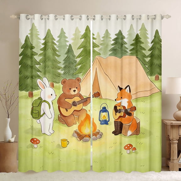 Manfei Cute Bear Kitchen Curtains,Camping Animal Print Black Out Curtains Pack of 2 (42x63 Each),Green