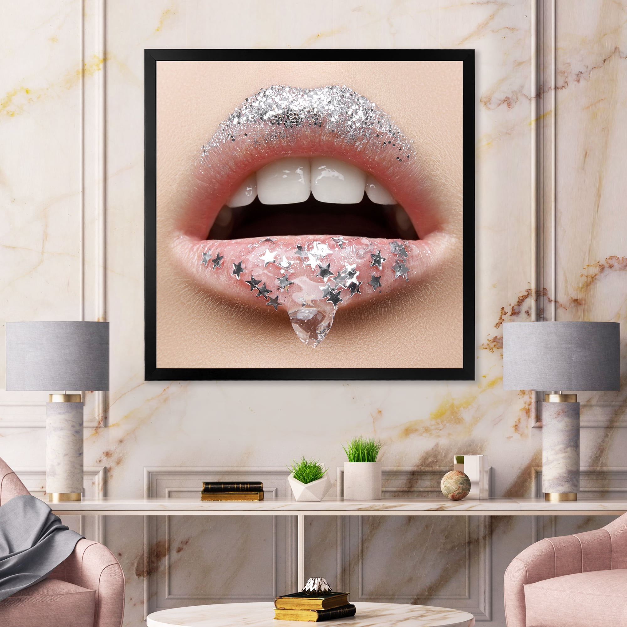 Designart 'Woman Lips With A Gel On The Lips & Stars' Modern Framed Art Print