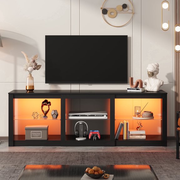 GALAXHERO TV Stand for 55/65/75 Inch TV, Modern Entertainment Center with LED Lights & Adjustable Glass Shelves Sturdy Media Console for Living Room, Bedroom, Gaming Black
